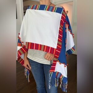 Artisan Handcrafted Colorful Blue and White Poncho with Red Accents - Colombian-